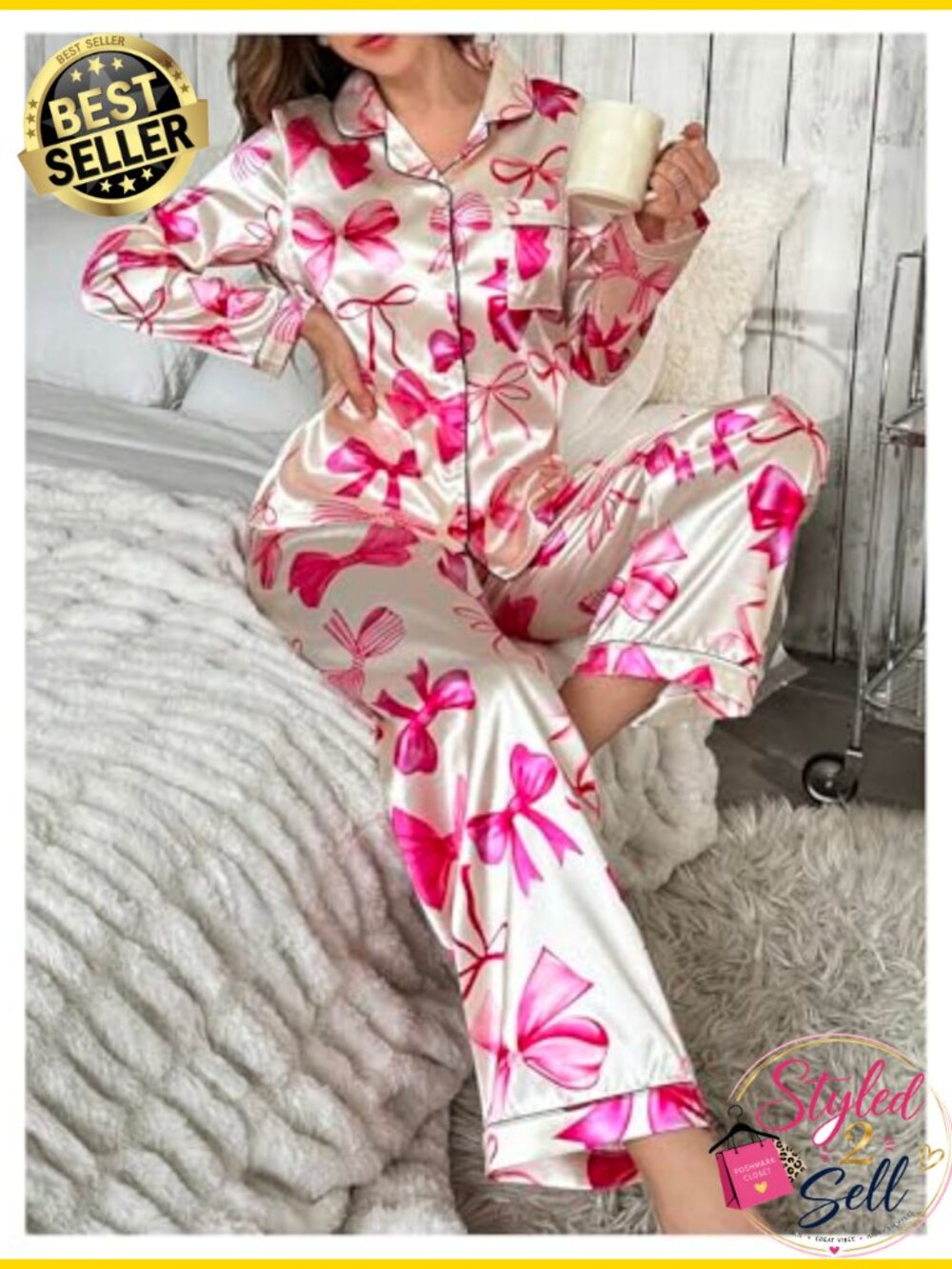 Satin Pajama Set Bowknot Print Long Sleeve Button Down Top Lounge Pants